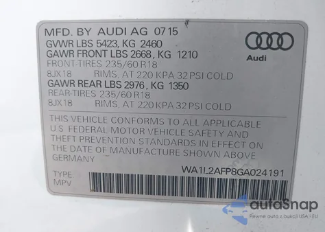 2016 Audi Q5 2.0T Premium z USA, uszkodzony, nr VIN WA1L2AFP8GA024191